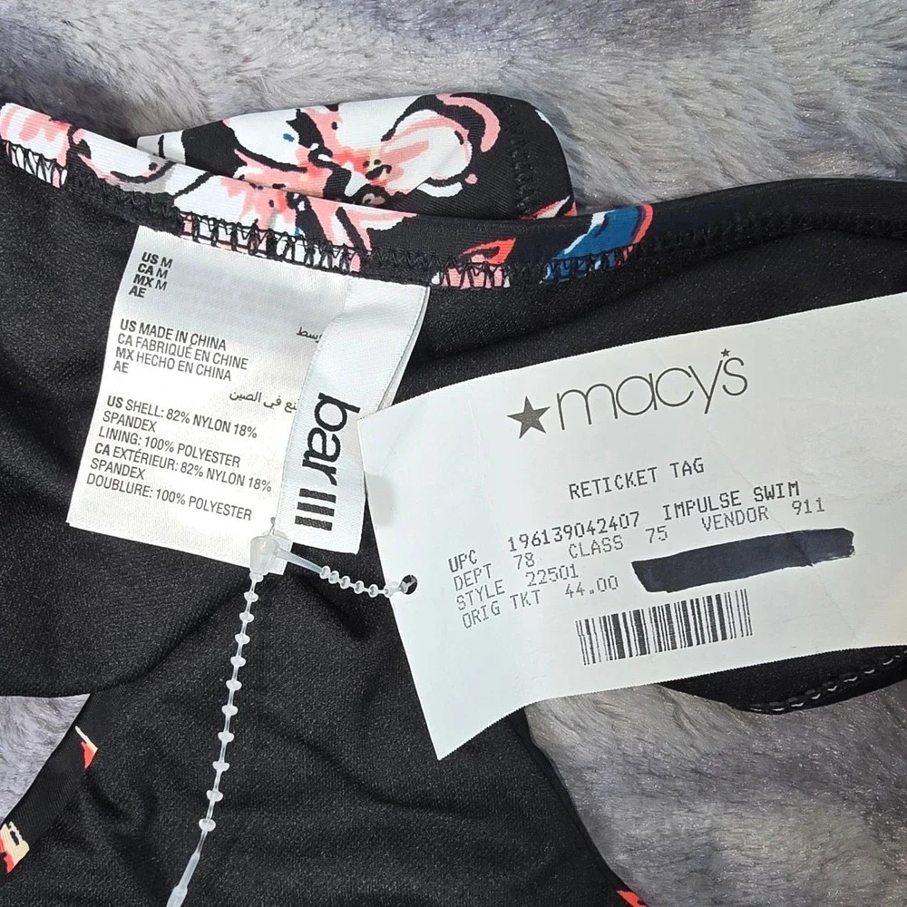 NWT Bar III Womens Tropical Floral Bikini Bottoms Black Pink size MD‎